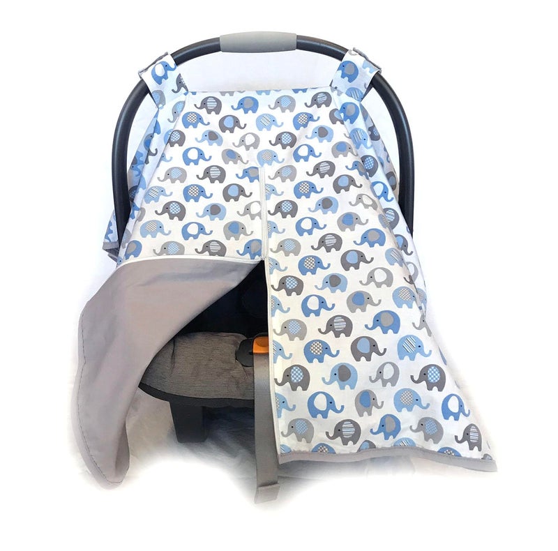 MELKESDE Vera Elephant 100% Breathable Cotton Baby Car Seat Cover (Blue Grey) - Image 1